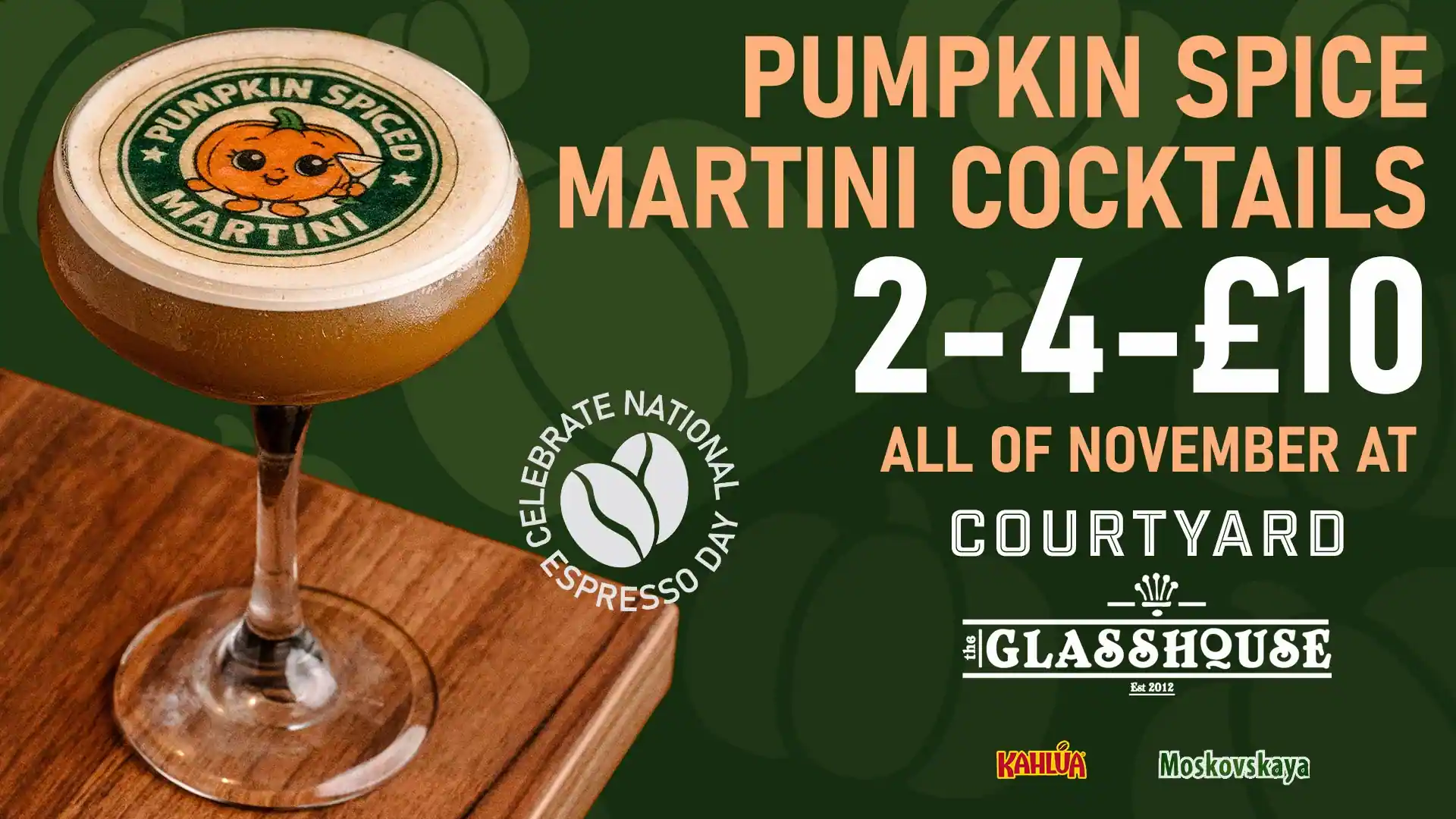 A landscape poster advertising a pumpkin spice latte with a green background and pumpkin designs